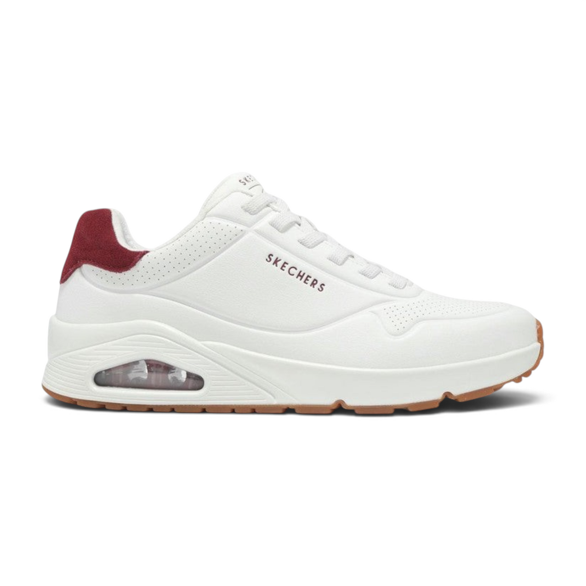 FRG Skechers Uno Retro One sneaker in white durabuck with burgundy accents and a visible air-cushioned midsole.