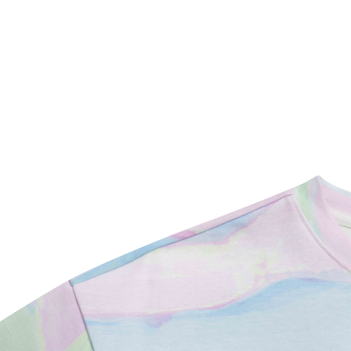 FRG short sleeve t-shirt featuring a soft pastel marble print in pink, blue, and green on a white cotton fabric