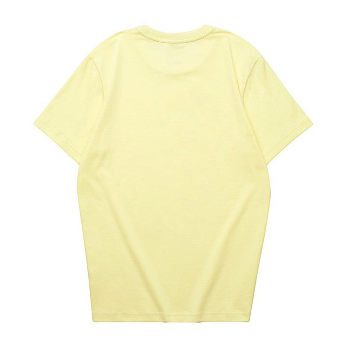 Back view of a plain light yellow FRG lifestyle t-shirt with short sleeves and a crew neck
