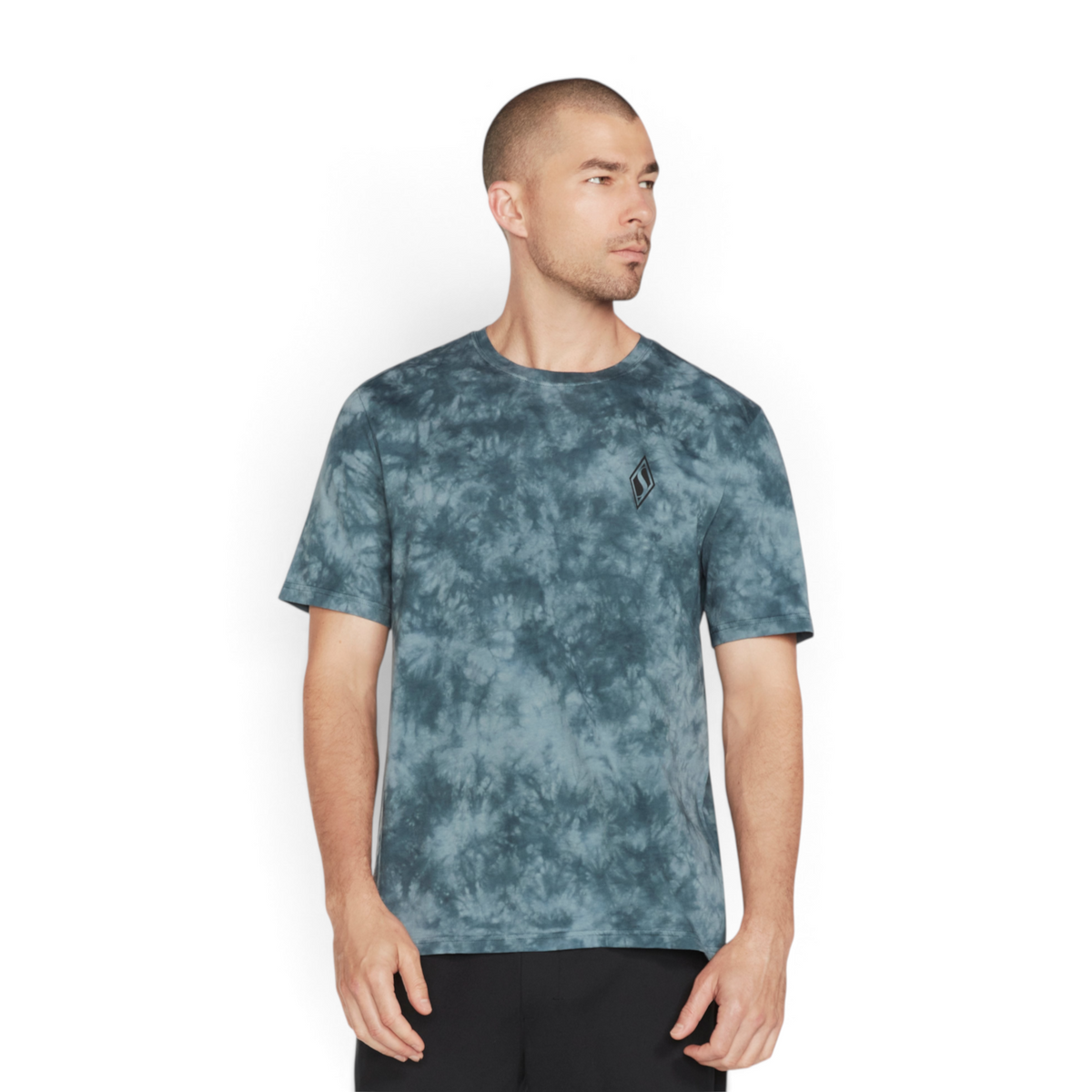 FRG men's blue and grey tie-dye cotton knit t-shirt with a small chest logo, worn by a model against a grey background