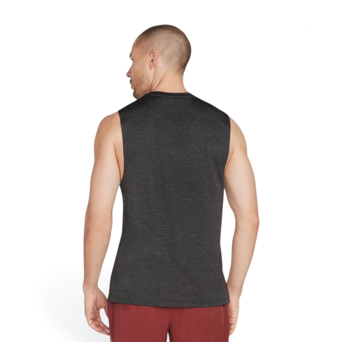 FRG Skechers ON THE ROAD tech tank top in black and charcoal worn by a man, back view