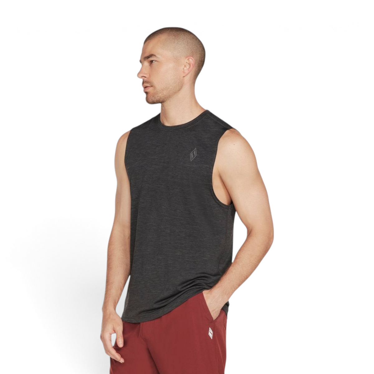 FRG Skechers On The Road black and charcoal tech tank top worn by a man for training