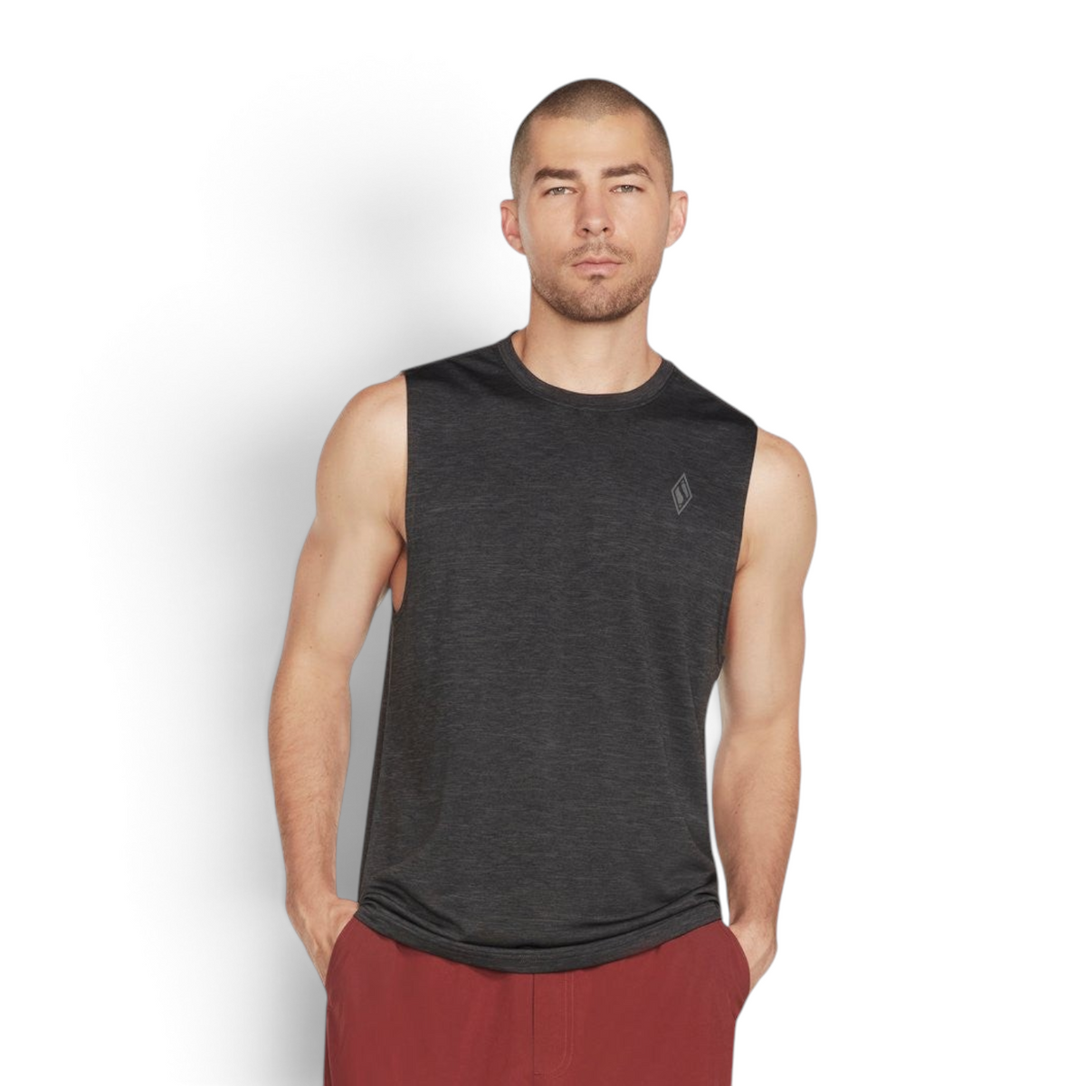 FRG Skechers On The Road tech tank top in black and charcoal worn by a man for training and athletic movement
