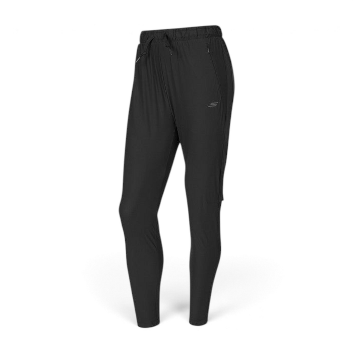 FRG black woven athletic pants with an elastic drawstring waistband and tapered fit for active wear