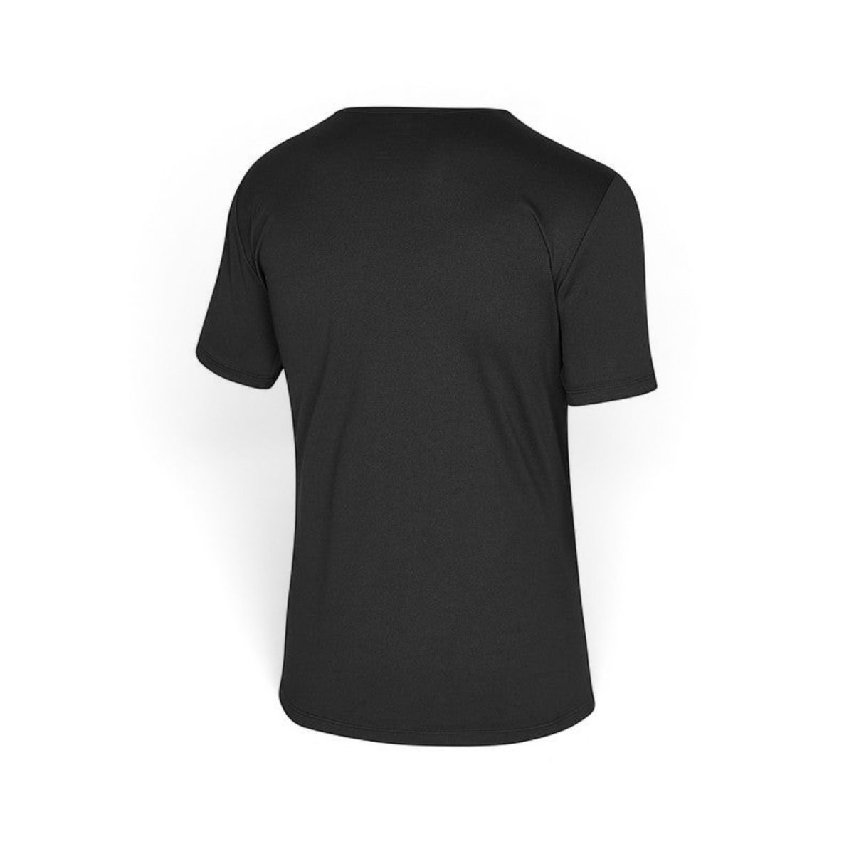 Back view of a plain black FRG short sleeve tee made from lightweight performance fabric