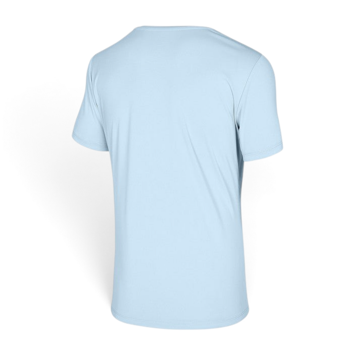 Back view of a plain light blue FRG shortsleeve tee made of soft cotton fabric