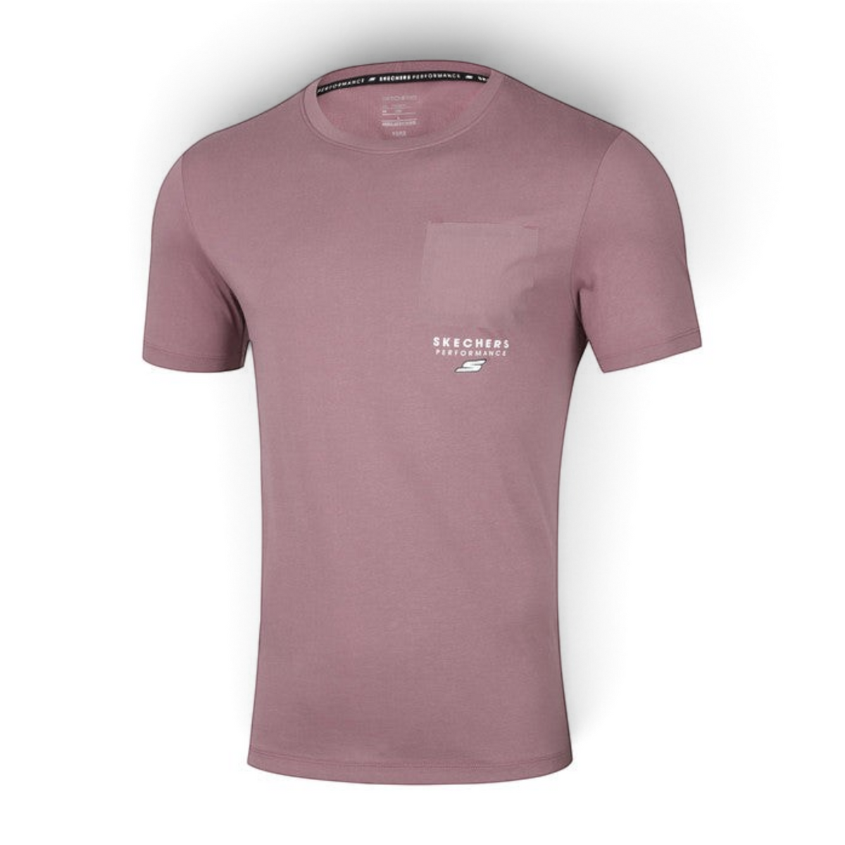FRG mauve short-sleeve performance t-shirt with a chest pocket and Skechers Performance logo on a white background