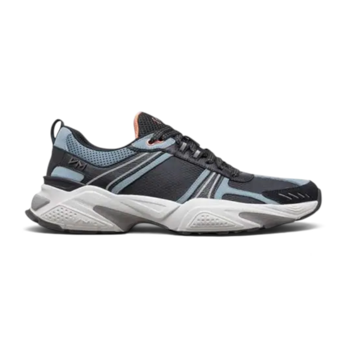 FRG KRAZ athletic sneakers in black and light blue with a chunky white midsole and orange tongue detail