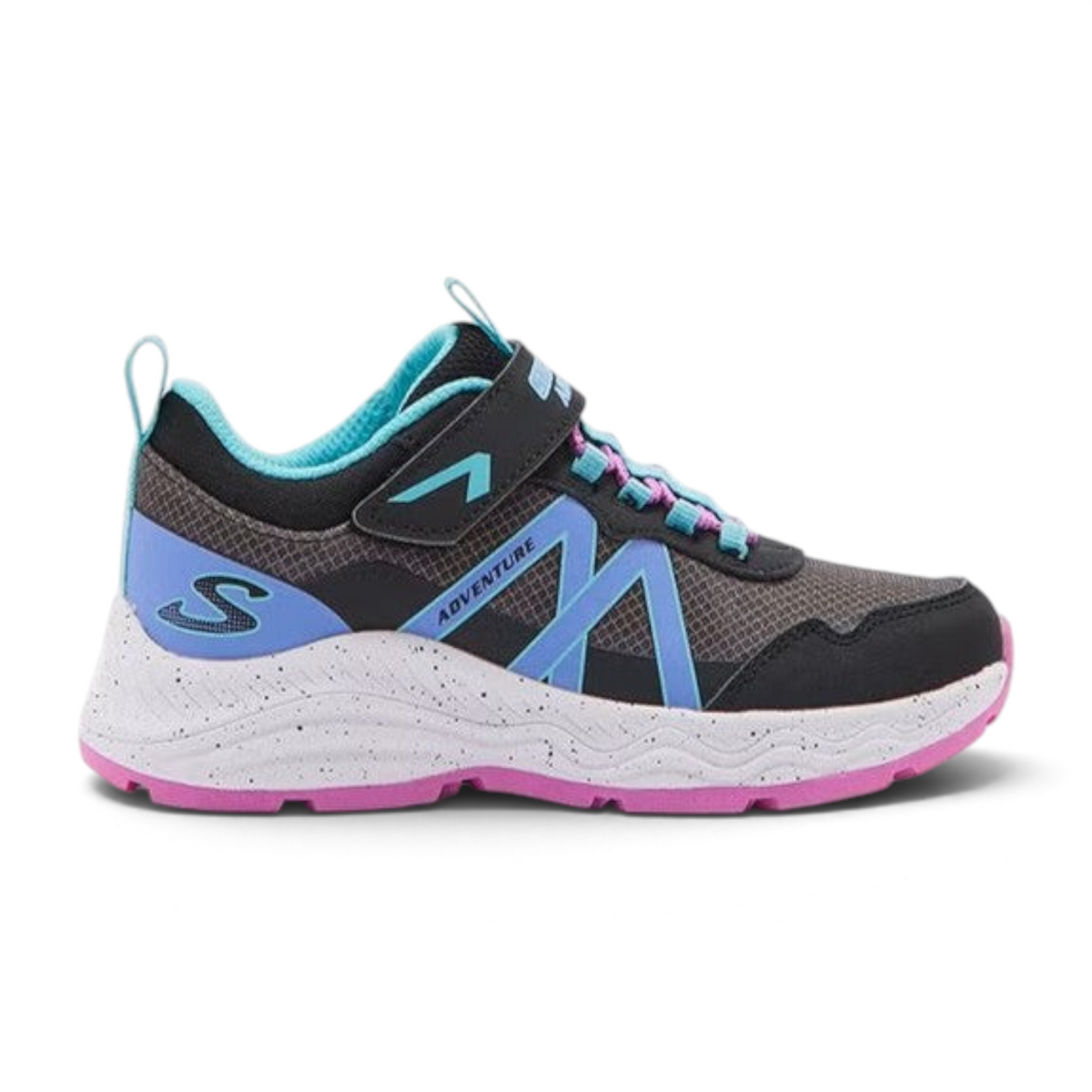 FRG ADVENTURE BLITZ kids athletic sneaker in black, blue, and pink with a speckled white midsole and velcro strap