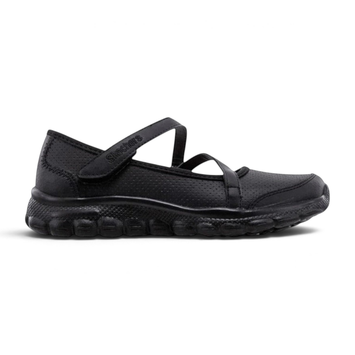 FRG Skechers Skech Flex 2.0 black mary jane uniform sneakers with perforated upper and hook-and-loop strap