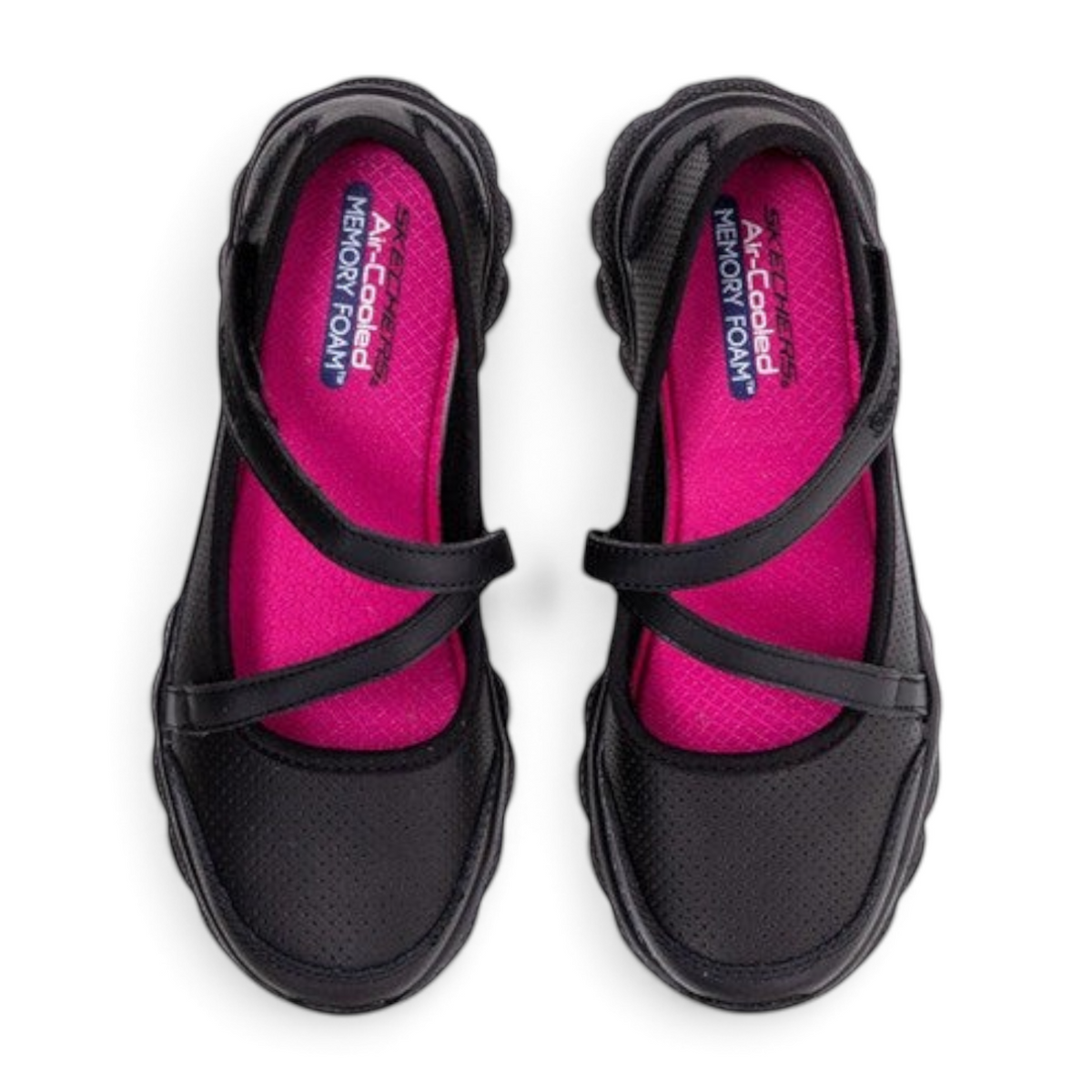 FRG Skechers Skech Flex 2.0 black mary jane uniform sneakers with pink memory foam insoles, top view.