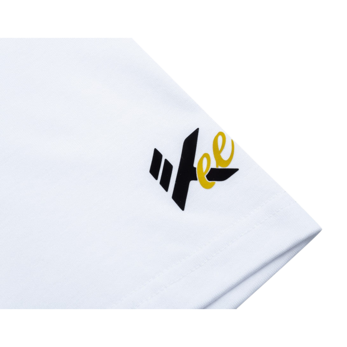 FRG ANTA KTEE pure white cotton t-shirt sleeve detail with black and yellow logo print