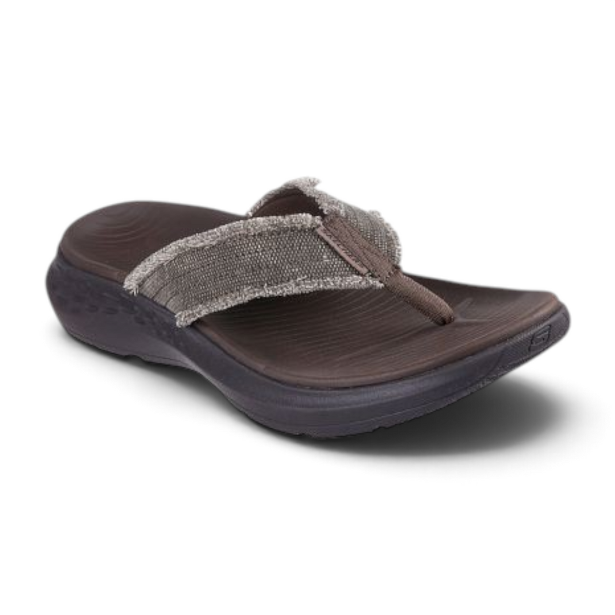 FRG Skechers Relaxed Fit Parson SD chocolate brown thong sandal with frayed canvas strap and cushioned footbed