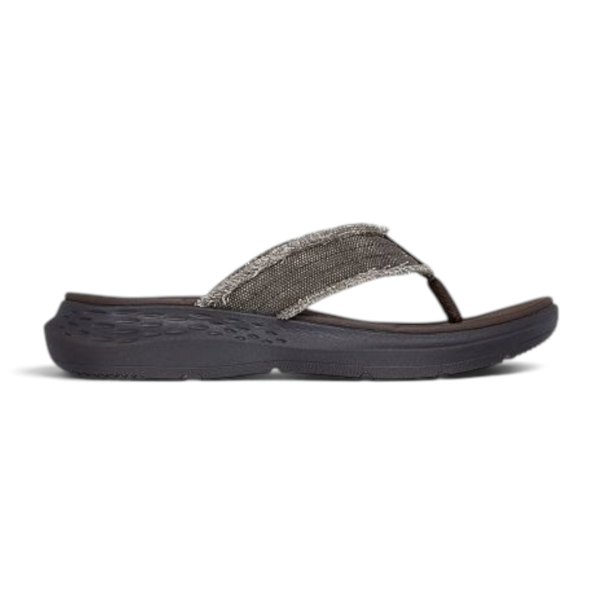FRG Skechers Relaxed Fit Parson SD thong sandals in chocolate brown canvas with frayed trim and cushioned footbed