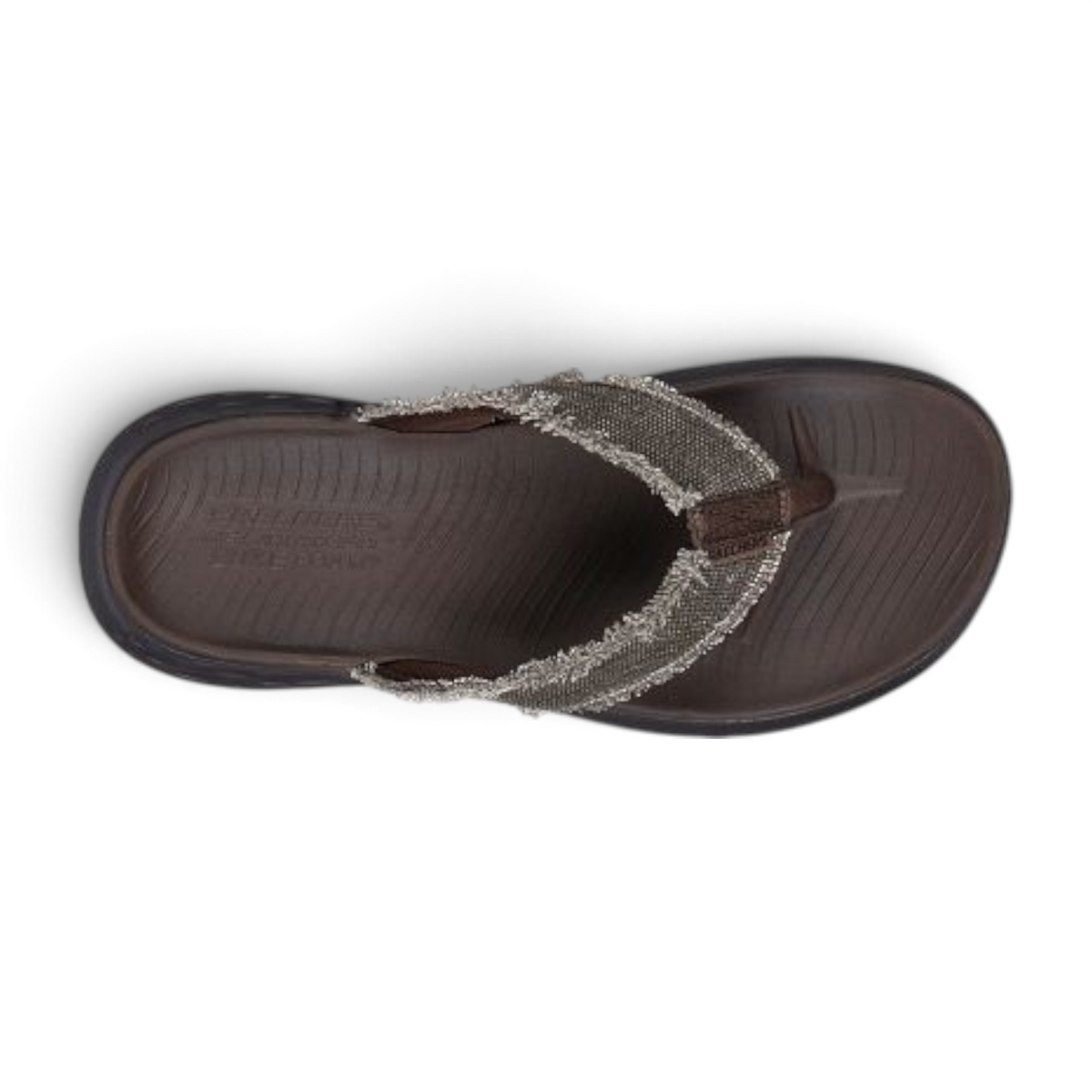 FRG Skechers Relaxed Fit Parson SD chocolate brown thong sandal with frayed canvas strap and cushioned footbed