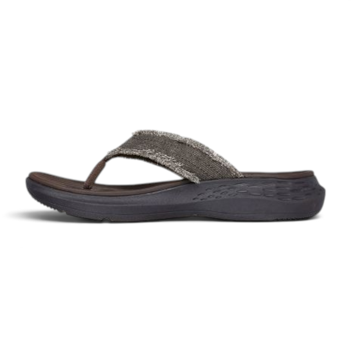 FRG Skechers Relaxed Fit Parson SD chocolate brown canvas thong sandal with frayed trim and cushioned footbed