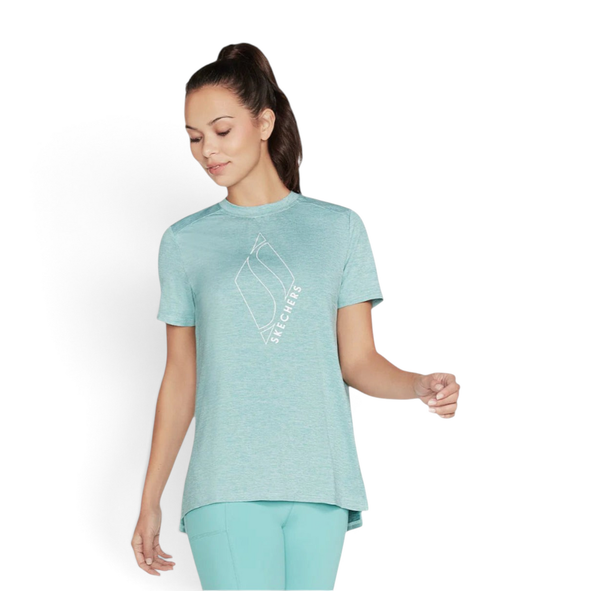 FRG women's teal knit graphic tee with a white geometric logo print and a high-low hem worn by a model