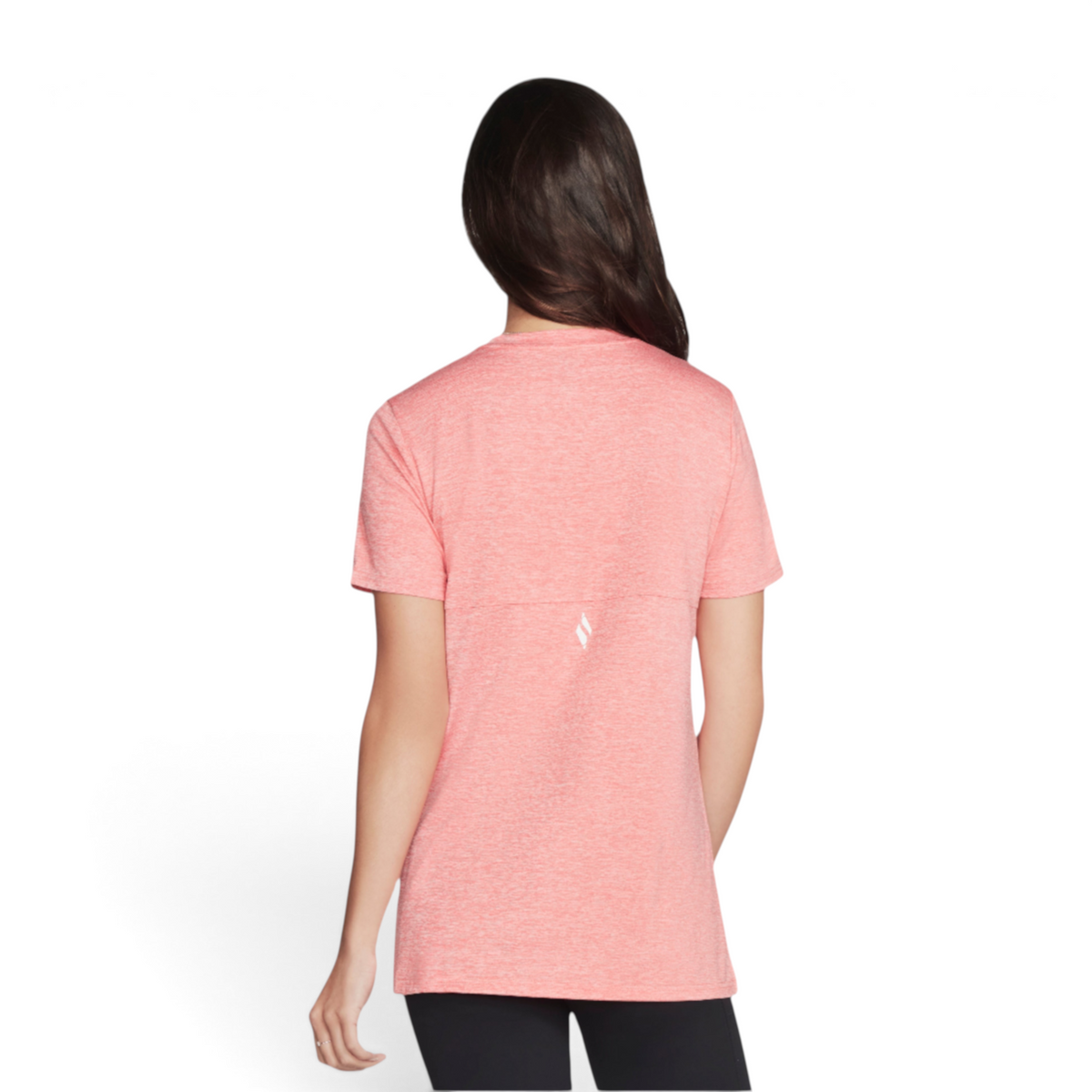 Back view of a woman wearing a FRG coral heathered knit graphic tee with a small white logo detail.