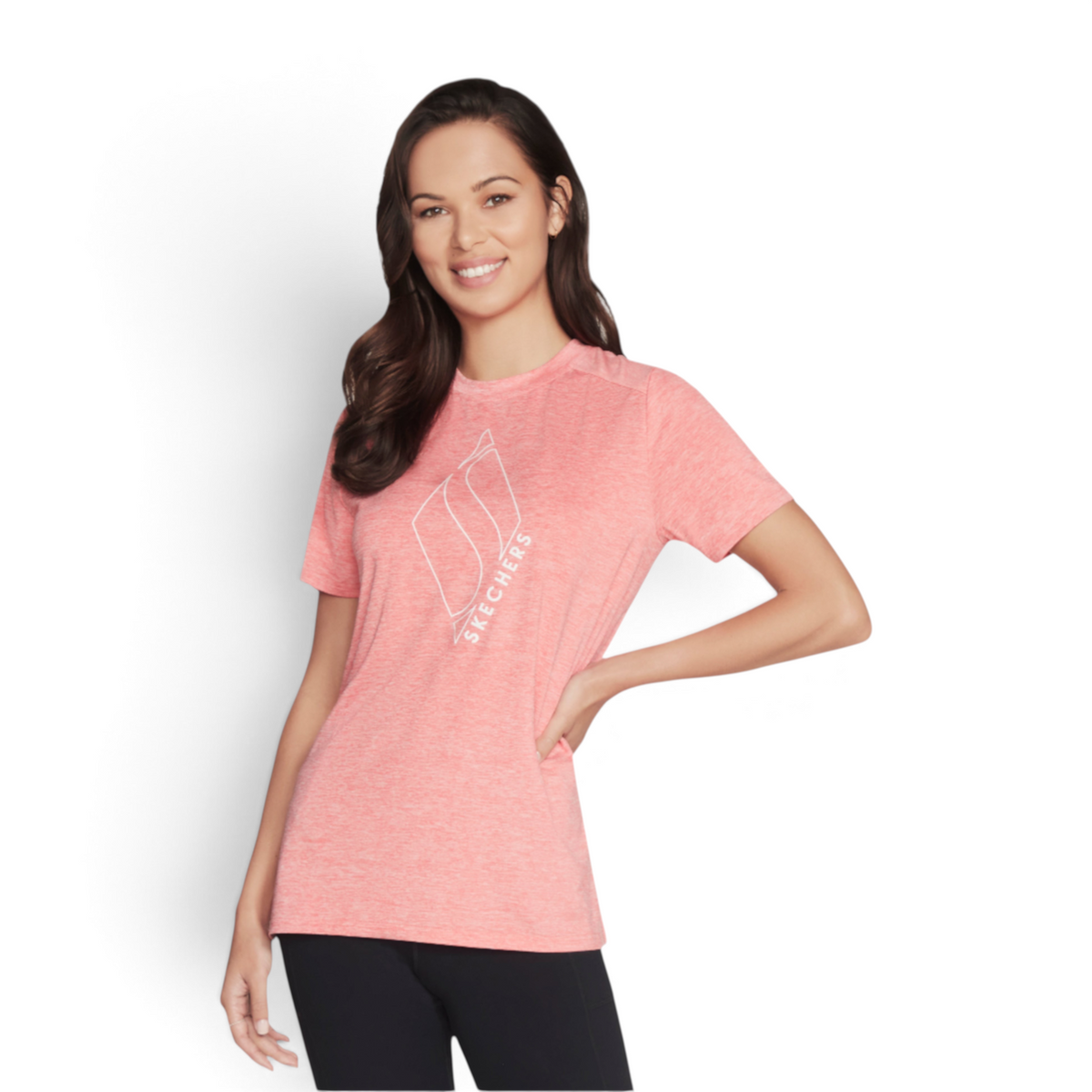 FRG women's coral heathered knit graphic tee with white logo detail worn by a smiling model