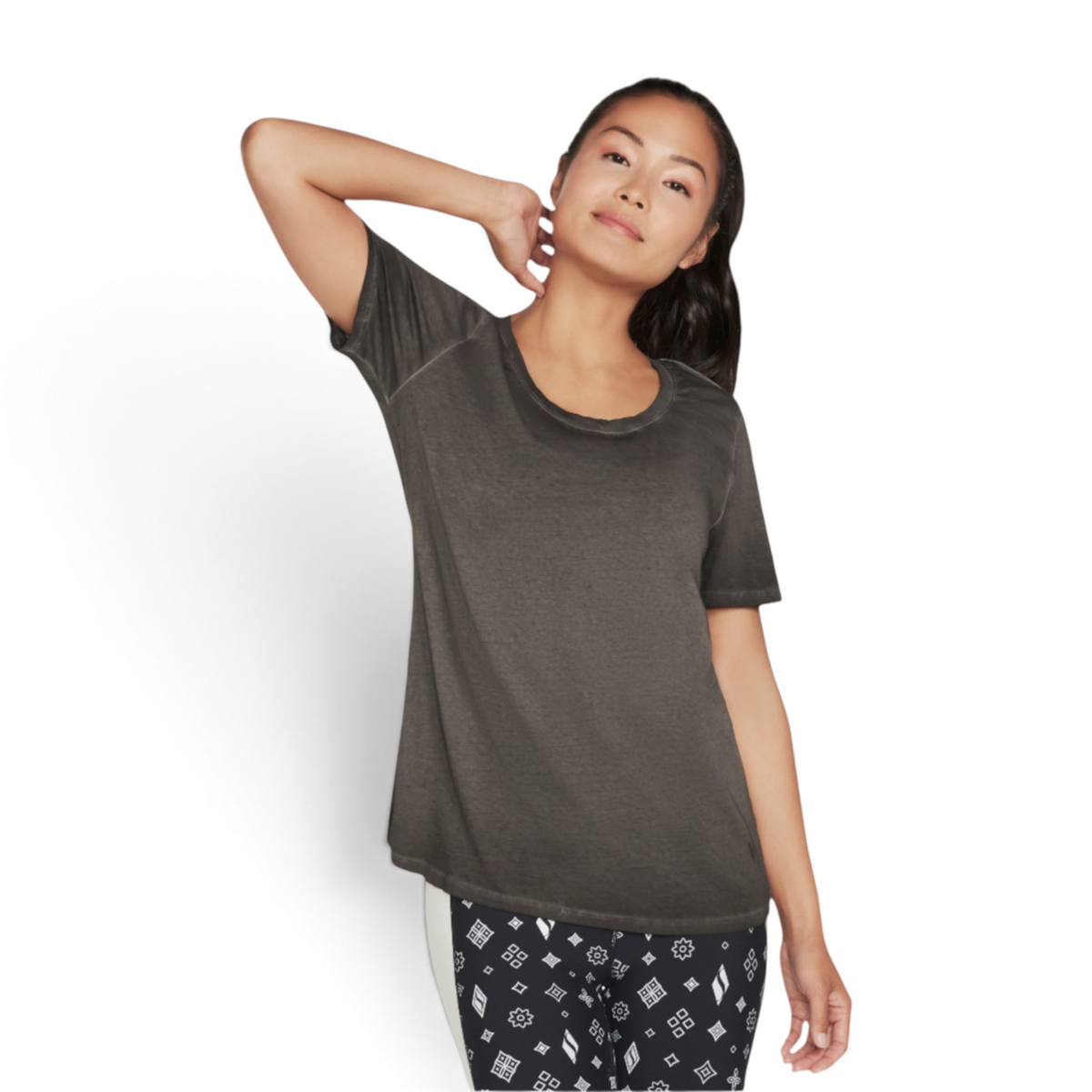 FRG women's charcoal grey knit tunic tee with a relaxed fit and crew neckline worn by a model