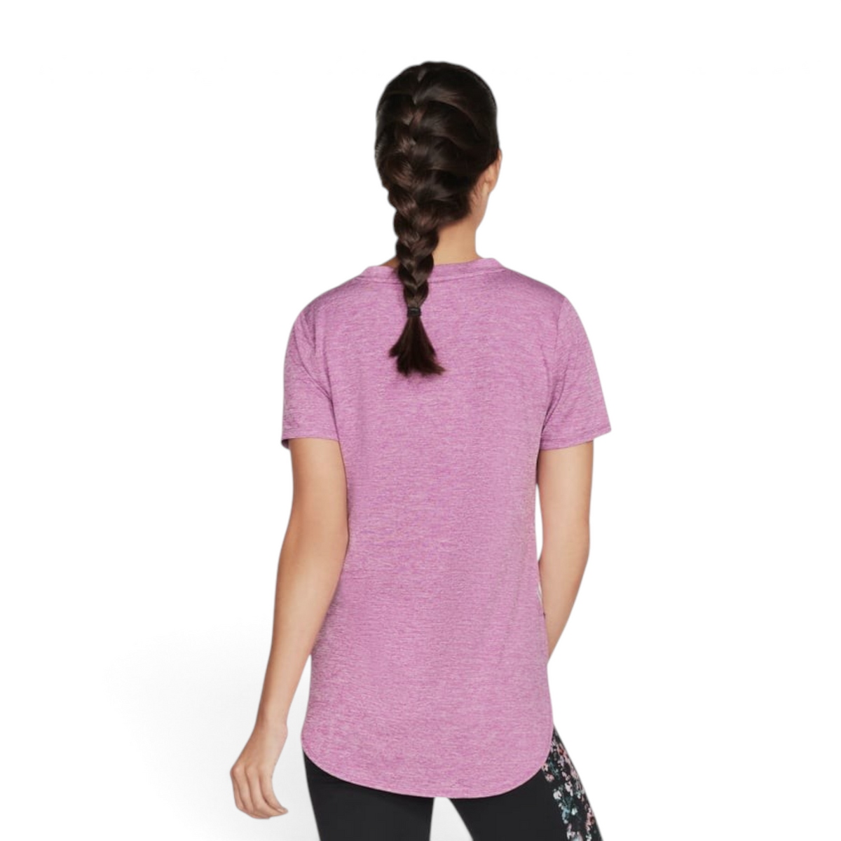 FRG Skechers women's short sleeve knit tunic in purple and hot pink with a curved hem, back view