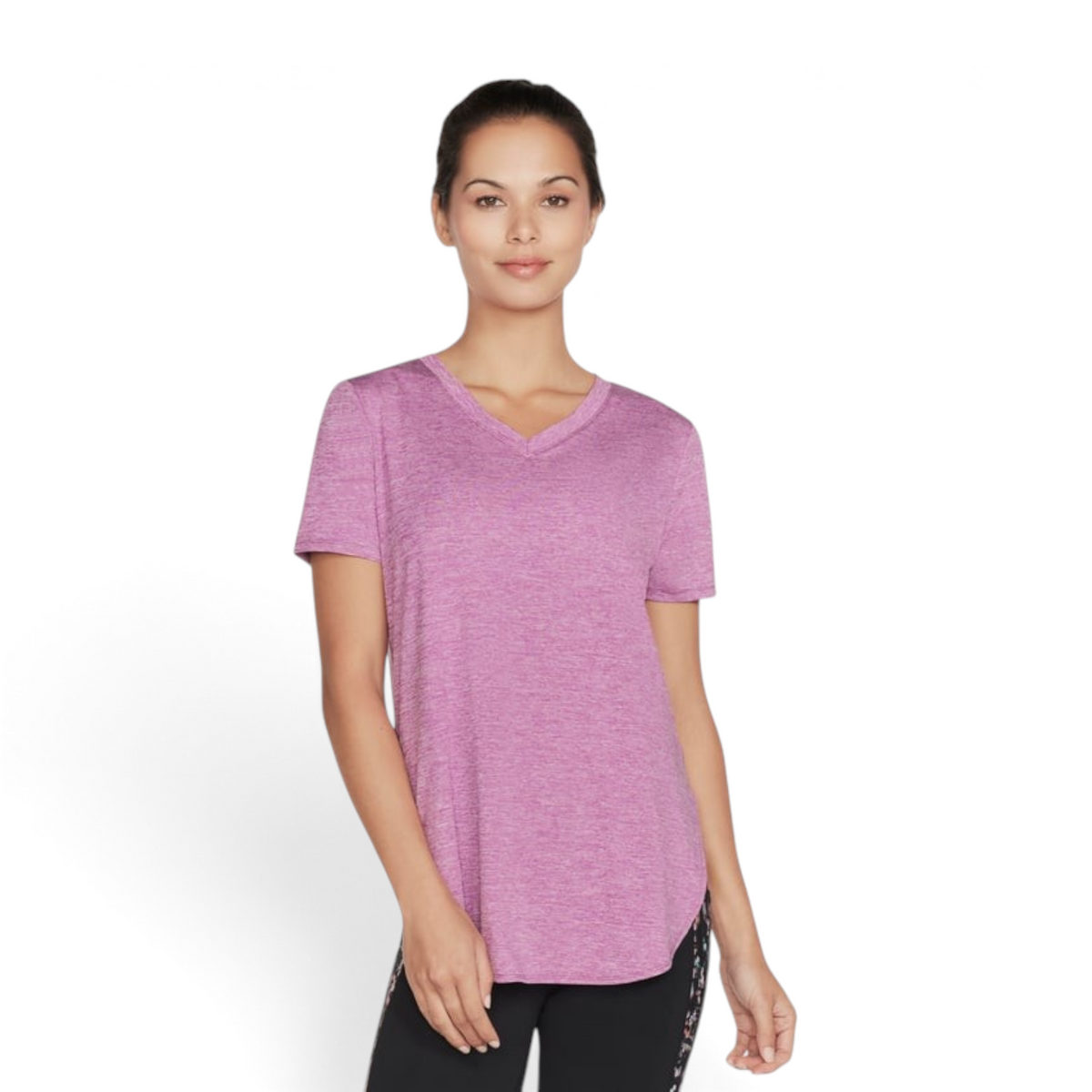 FRG Skechers women's short sleeve v-neck tunic in purple and hot pink heathered knit fabric