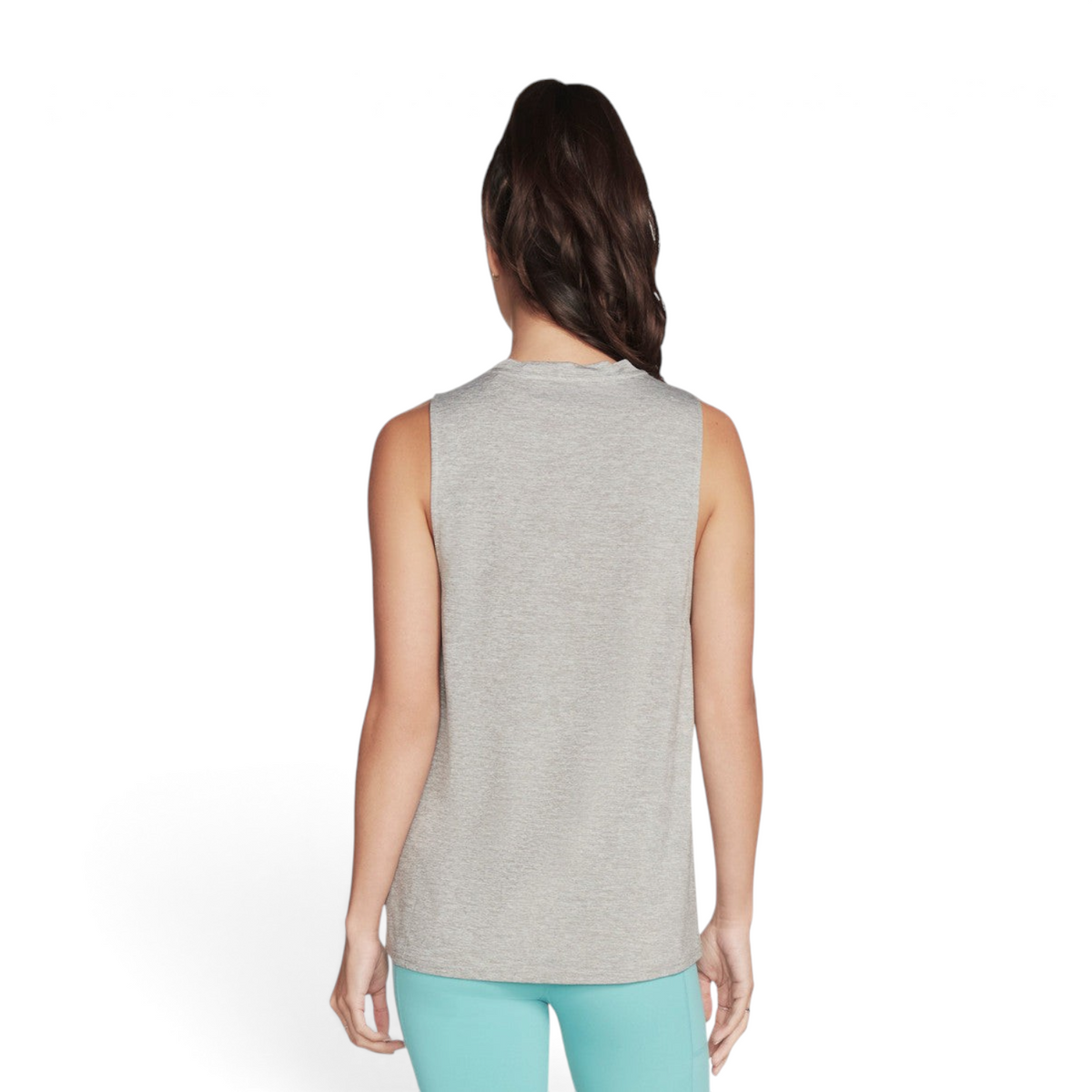 Back view of a woman wearing a grey FRG knit tank top made from a polyester and spandex blend.