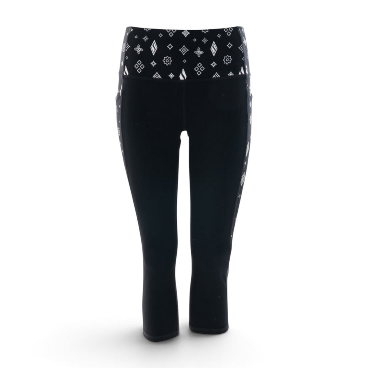 FRG Skechers women's black knit capri leggings with a high-waisted geometric print waistband and side pockets.