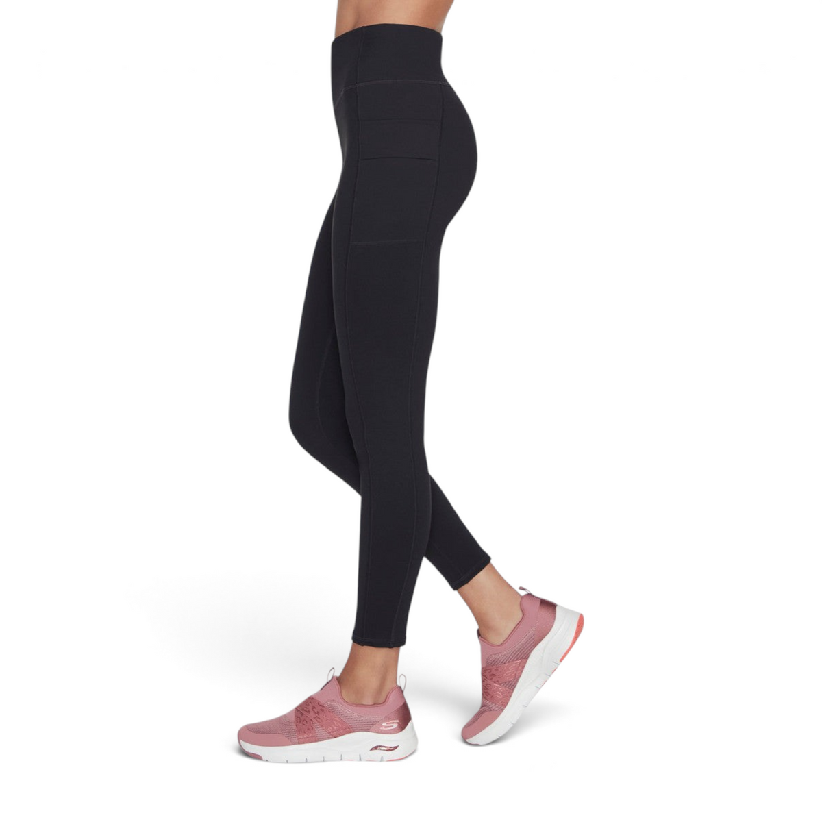 FRG Alpine Trail black high-waisted full-length leggings with side pockets worn with pink sneakers