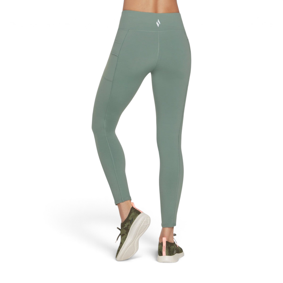 FRG Alpine Trail sage green high-waisted full-length leggings with side pockets, back view