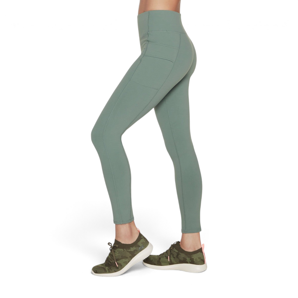 FRG Alpine Trail sage green high-waisted full-length leggings with side pockets on a model