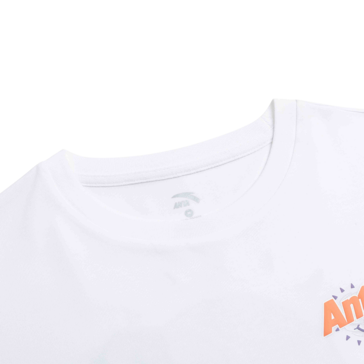 FRG white short sleeve t-shirt featuring a small orange and purple graphic logo on the chest
