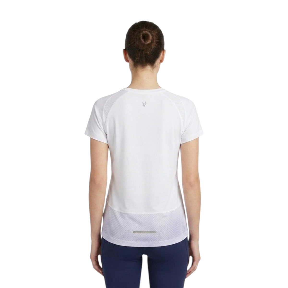 FRG ANTA women's white performance t-shirt with technical mesh panels and a subtle ombré hem, back view.