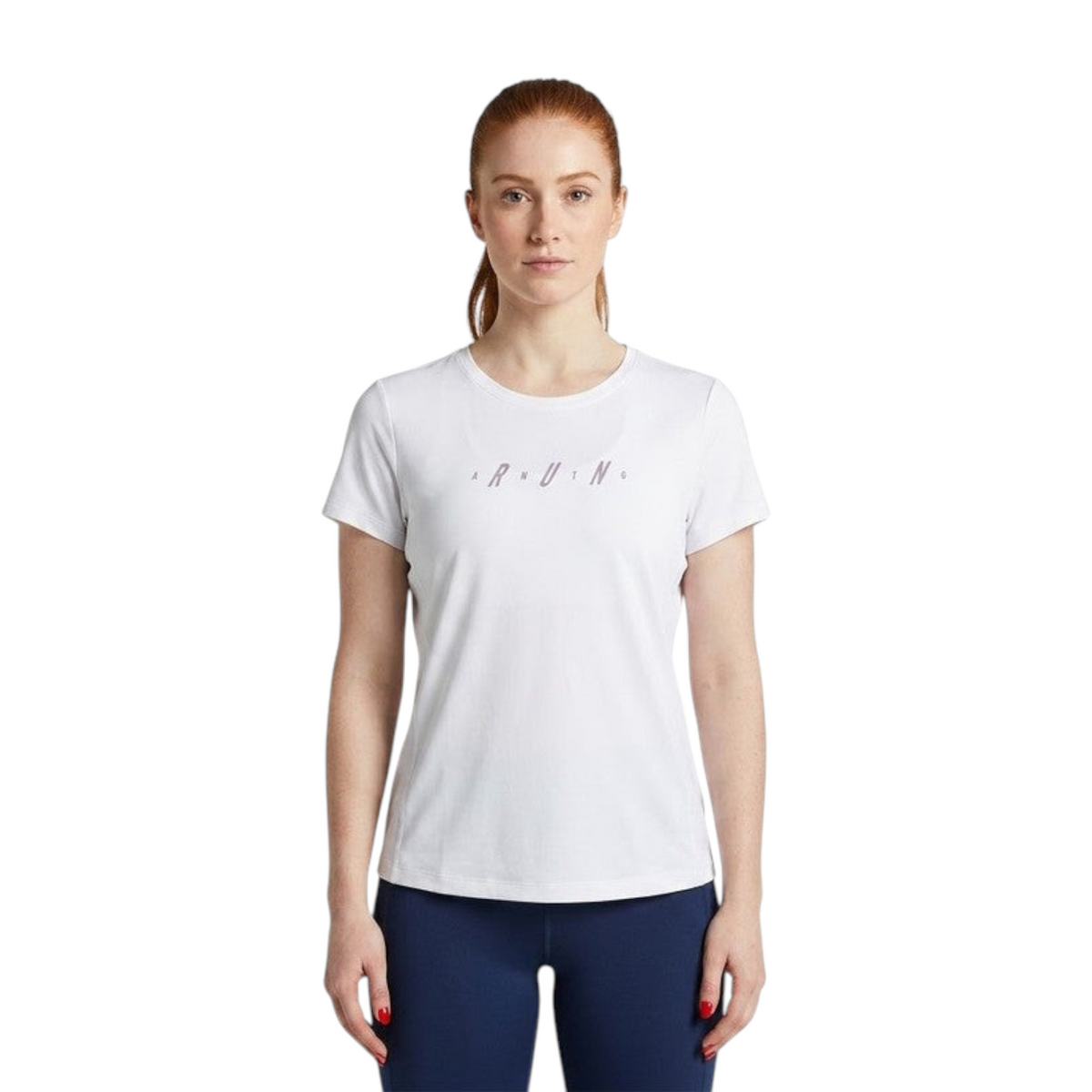 FRG ANTA women's pure white performance running t-shirt with a stylized purple RUN graphic on the chest