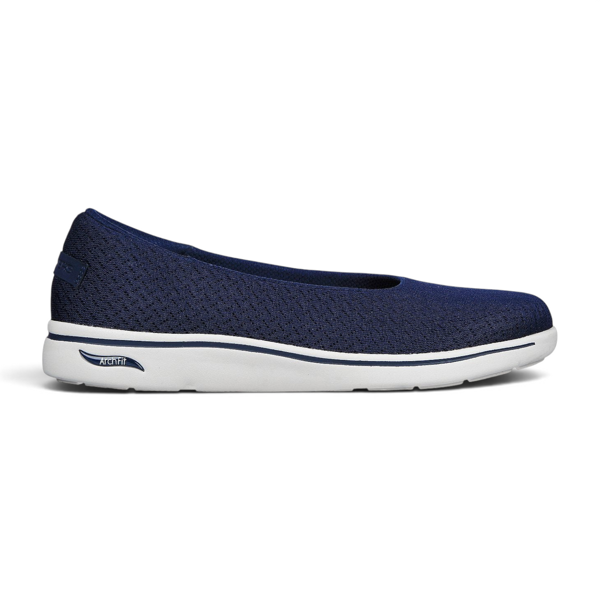 FRG Skechers Arch Fit Uplift navy blue casual skimmer flat with breathable mesh upper and white cushioned sole