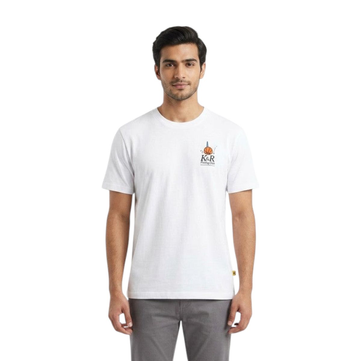 FRG white cotton t-shirt with K&R Fishing Club basketball graphic on chest and yellow hem tag worn by a man