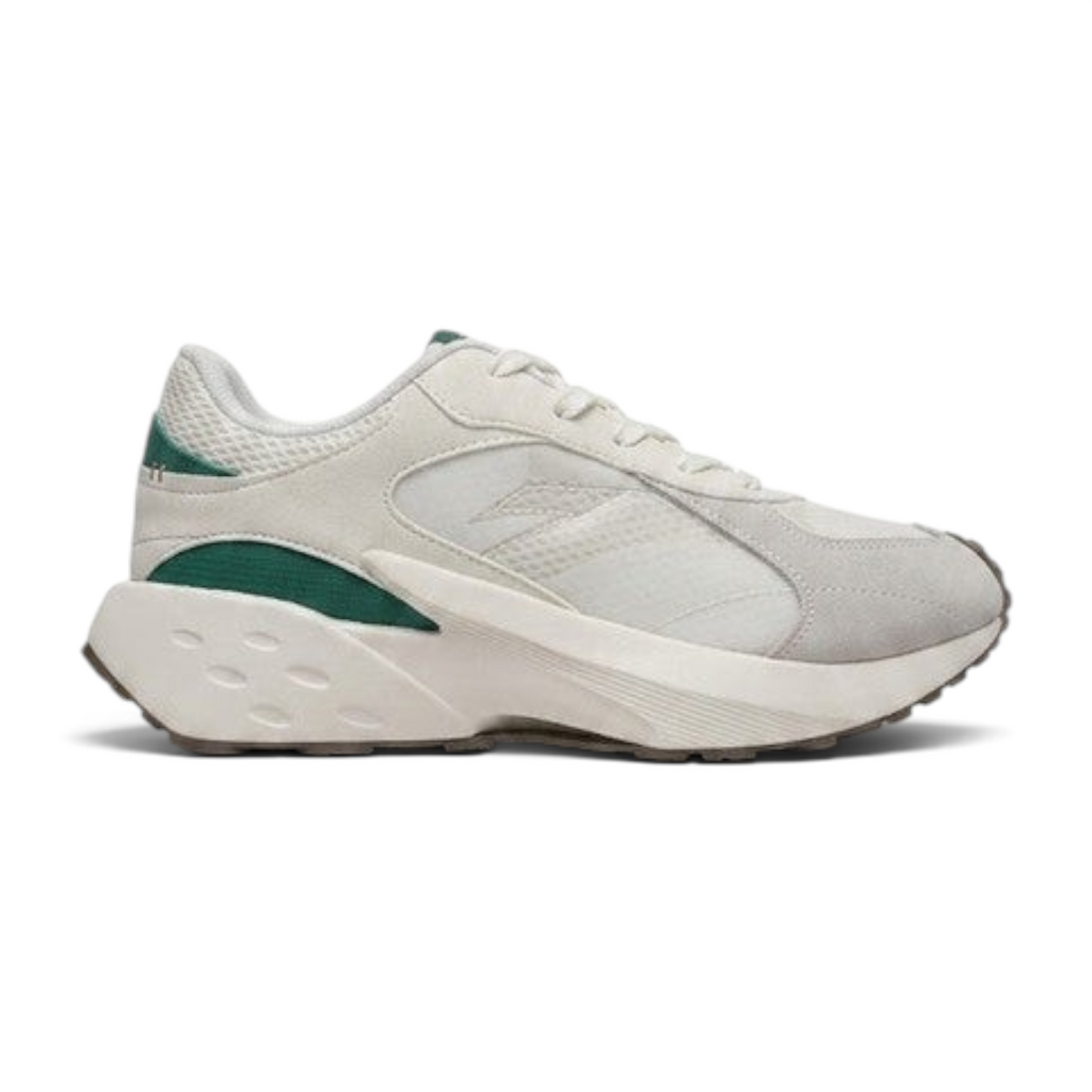 FRG Anta Heritage retro-inspired sneakers in beige and green with suede overlays and a chunky white midsole