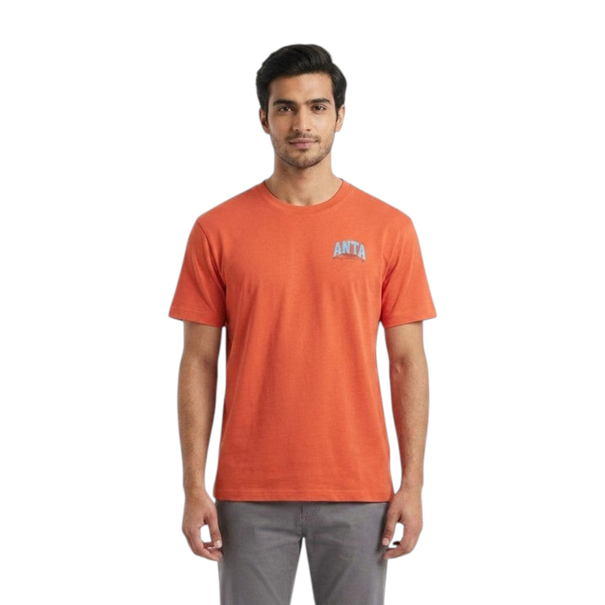 FRG ANTA Relay Baton short sleeve crew neck t-shirt in high orange cotton worn by a male model