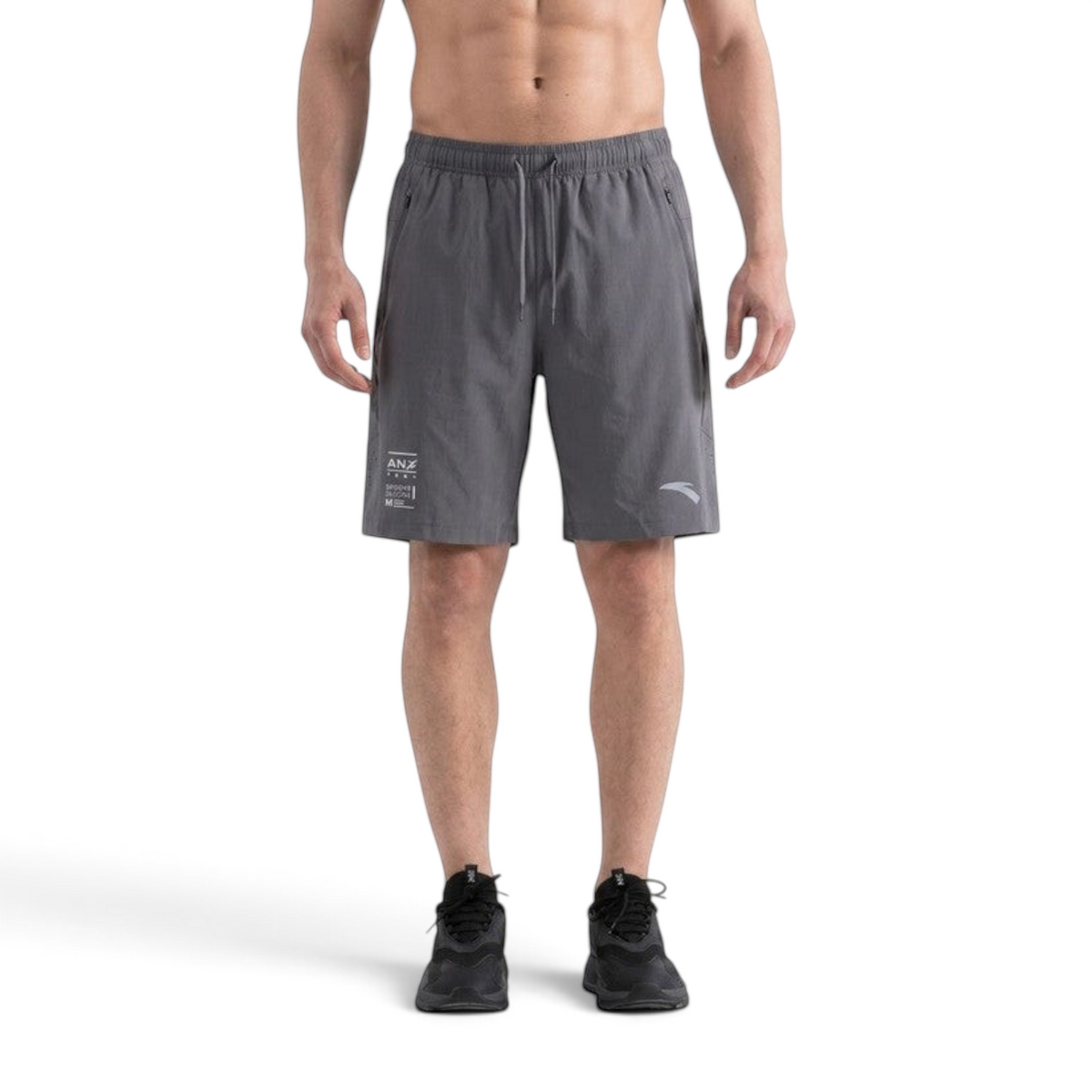 FRG ANTA slate grey woven athletic training shorts with zippered pockets and stacked graphic logos on a male model