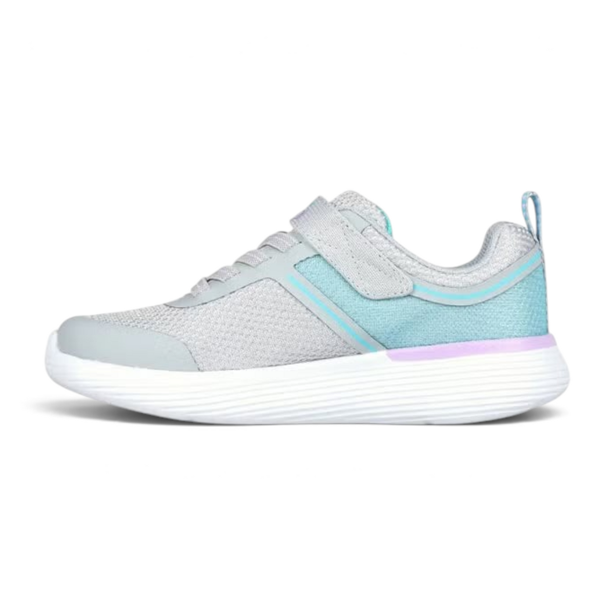 FRG GO RUN 400 V2 kids running shoe in grey and light blue with a hook-and-loop strap and cushioned white sole