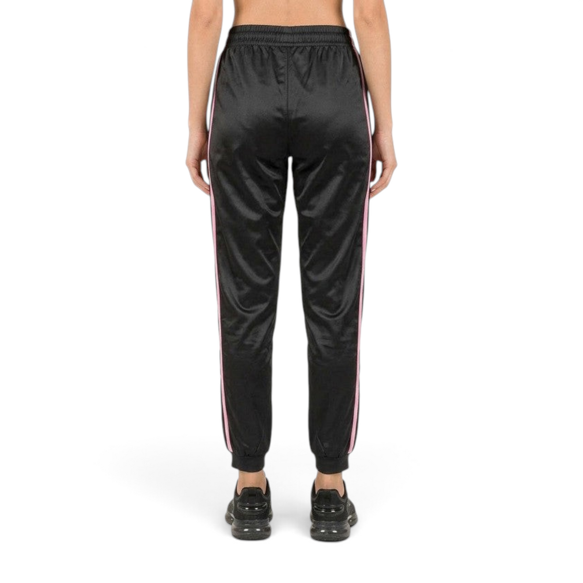 FRG ANTA black woven track pants for kids with pink side stripes, featuring a comfortable elasticated waistband.