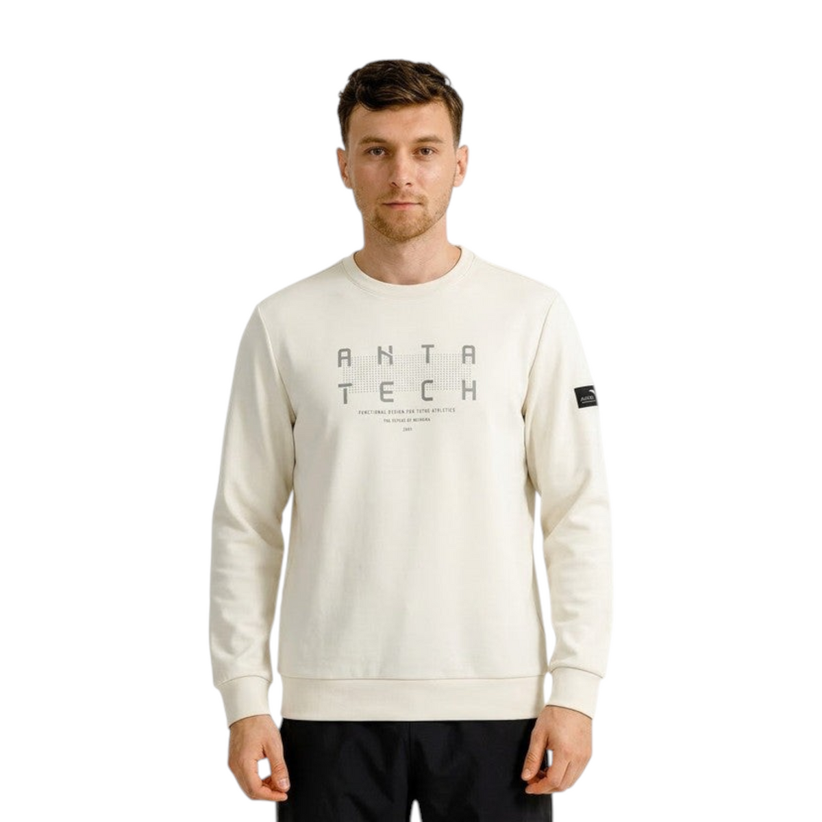 FRG ANTA light grey travel sweatshirt with crew neck, ribbed cuffs, and ANTA TECH graphic print on the chest.