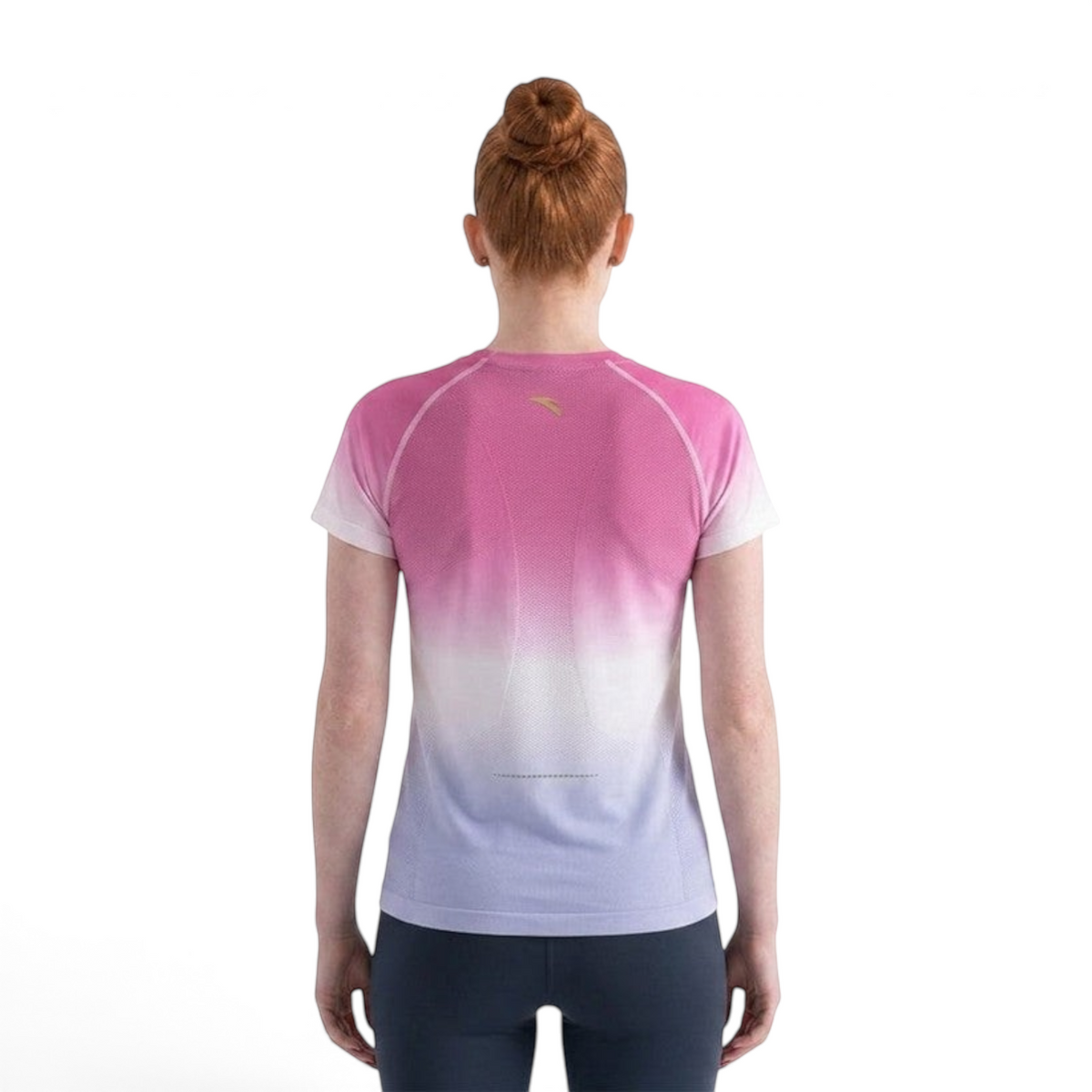 FRG ANTA women's performance t-shirt featuring a pink to periwinkle ombre gradient and textured mesh back panel