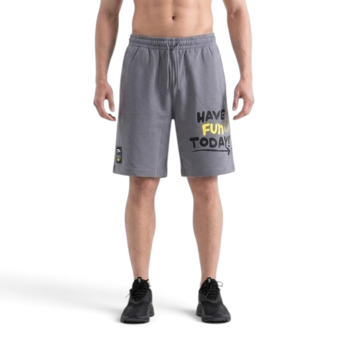 FRG ANTA knit half pants in cloudy grey with Have Fun Today graphic print, featuring a comfortable cotton blend.