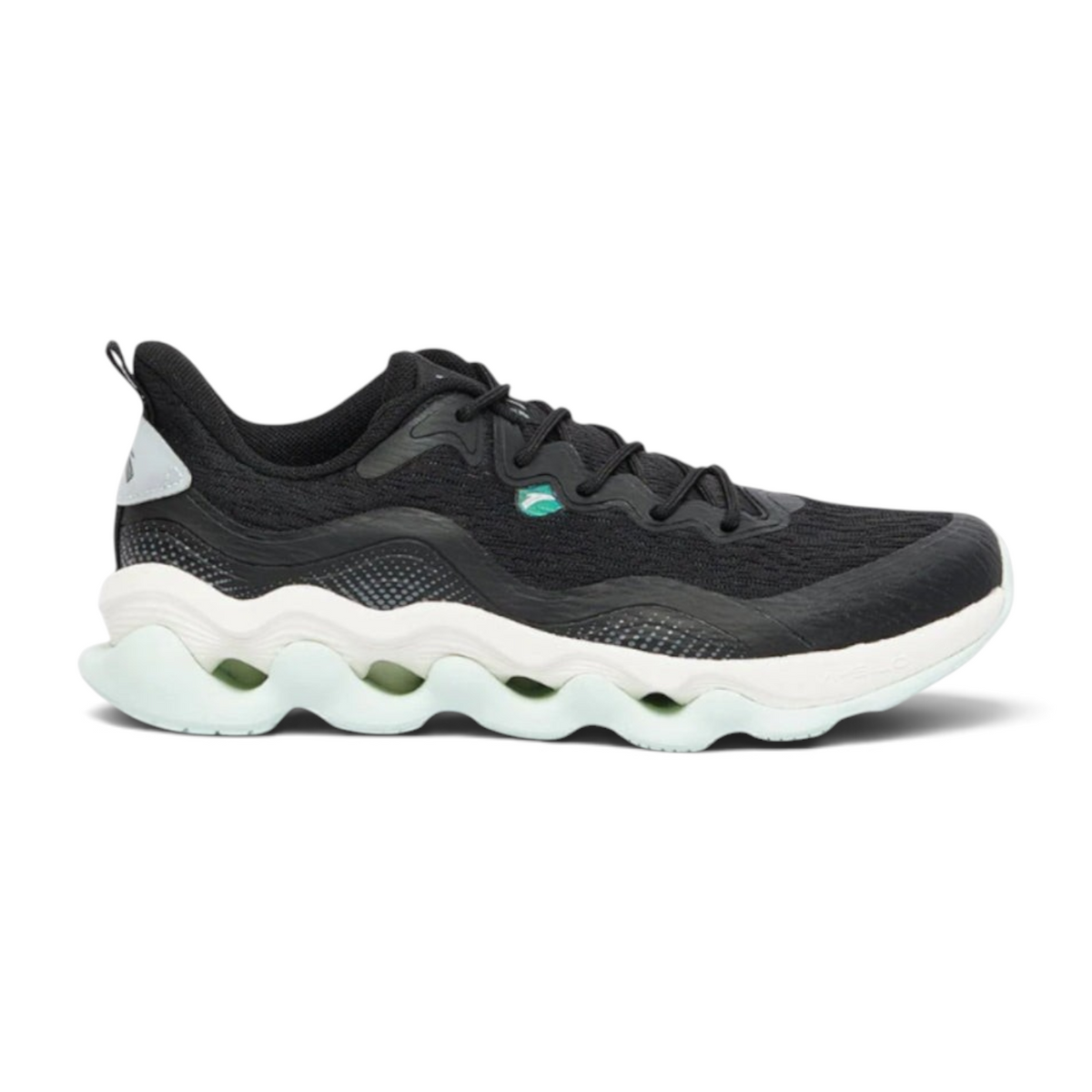 FRG women's black lifestyle running shoes with a unique white wavy cushioned sole and breathable mesh upper