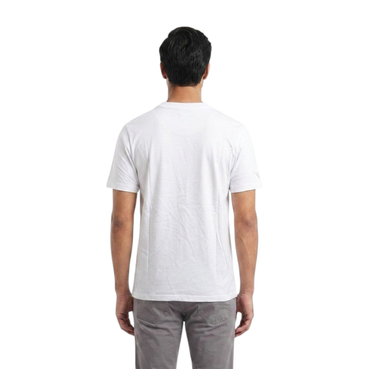 Back view of a man wearing a plain white FRG ANTA T-shirt with short sleeves and a crew neck.