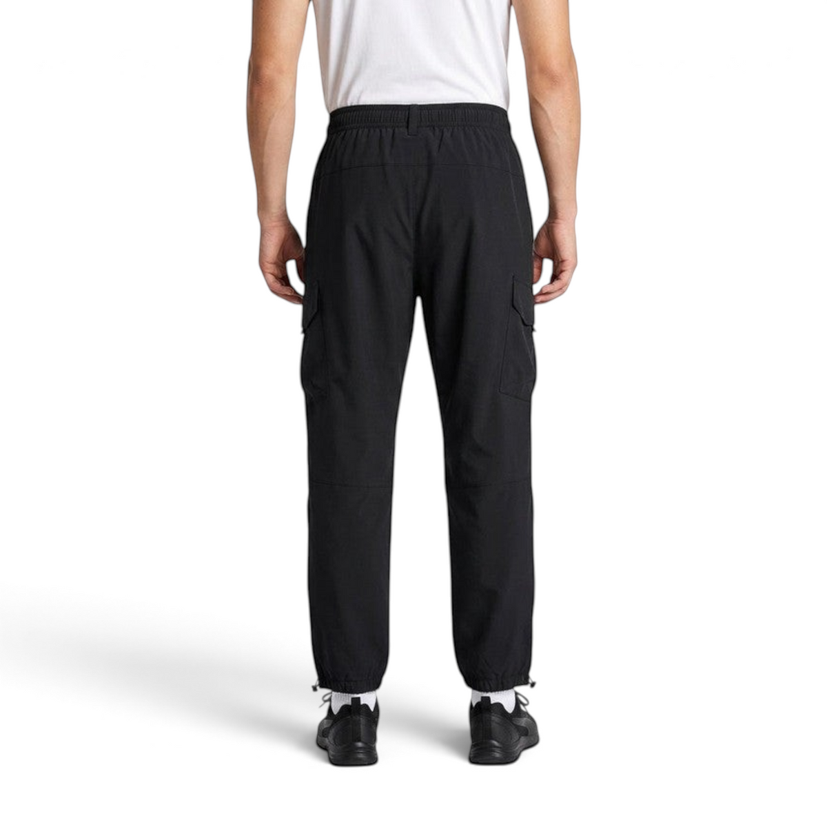 FRG men's black woven track pants with cargo pockets and drawstring cuffs, viewed from the back.