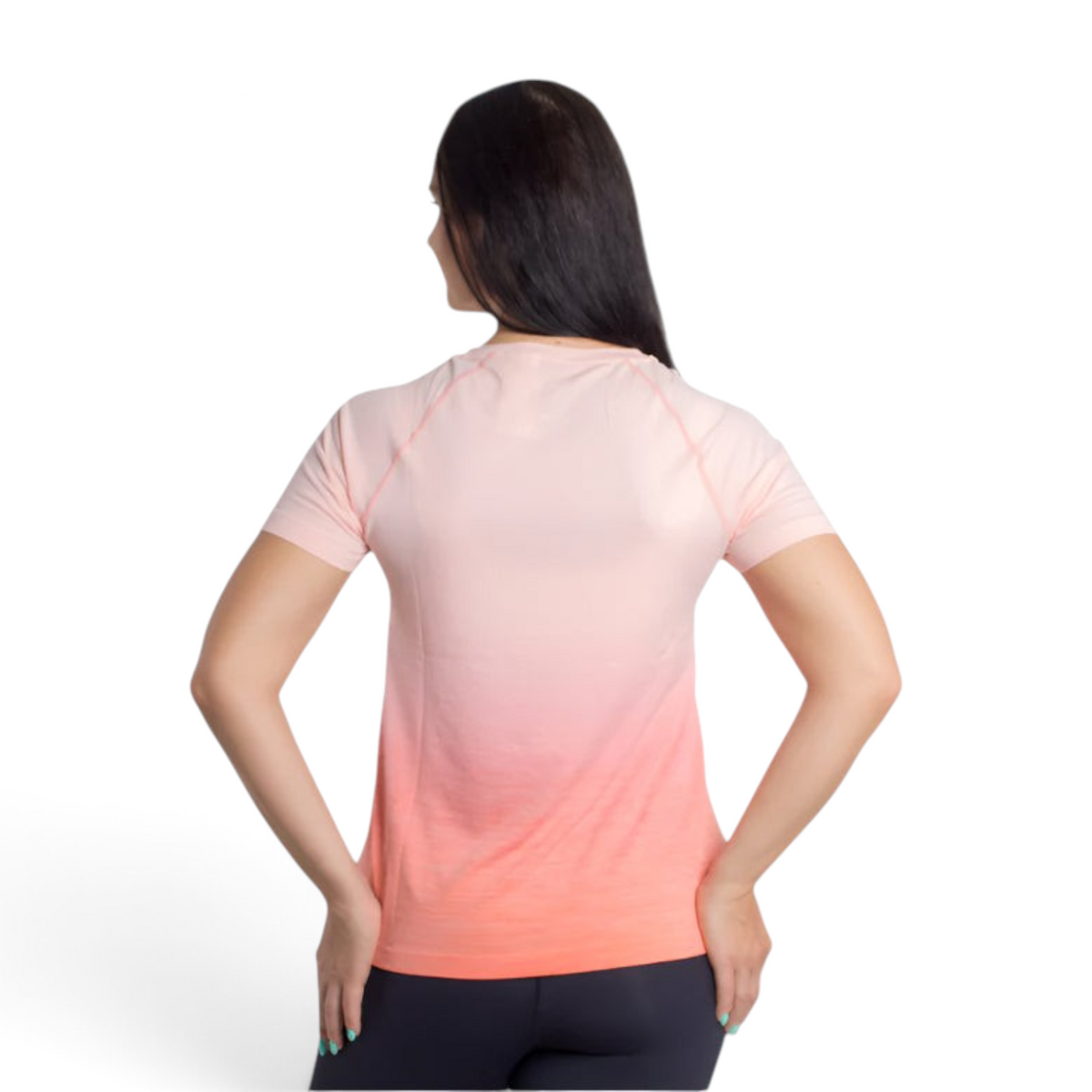 FRG women's short-sleeve athletic t-shirt featuring a pink to orange ombre gradient design, back view.