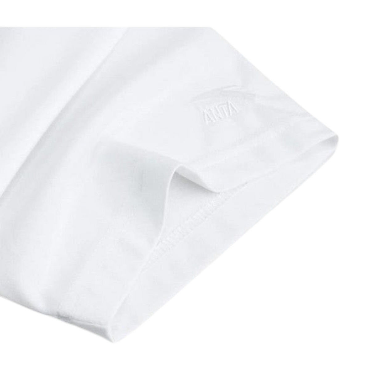 FRG ANTA white short sleeve t-shirt sleeve detail with embroidered logo and breathable fabric texture