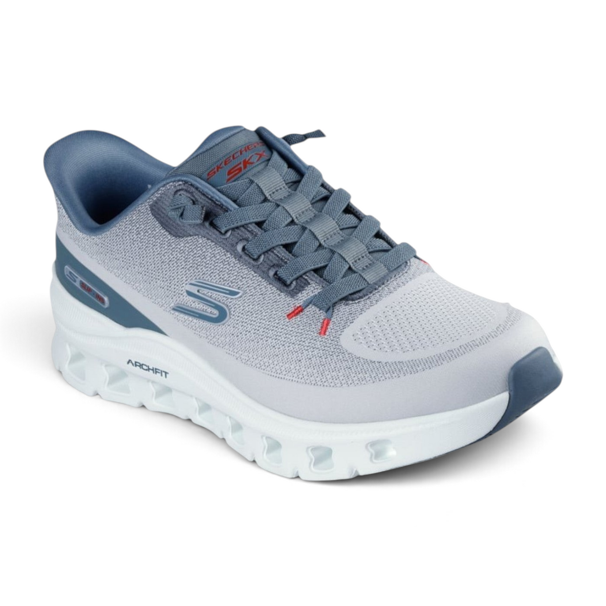 FRG Skechers Arch Fit Glide-Step Pro light gray and blue vegan slip-on sneaker with geometric cushioned midsole